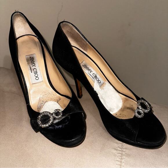 Jimmy Choo Black Leather Stiletto Heels Rhinestone Peep-Toe Shoe EU 37 - Picture 4 of 9